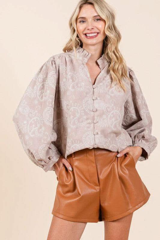 GeeGee Paisley Eyelet Laced Button-Up Blouse - SwagglyLife Home & Fashion