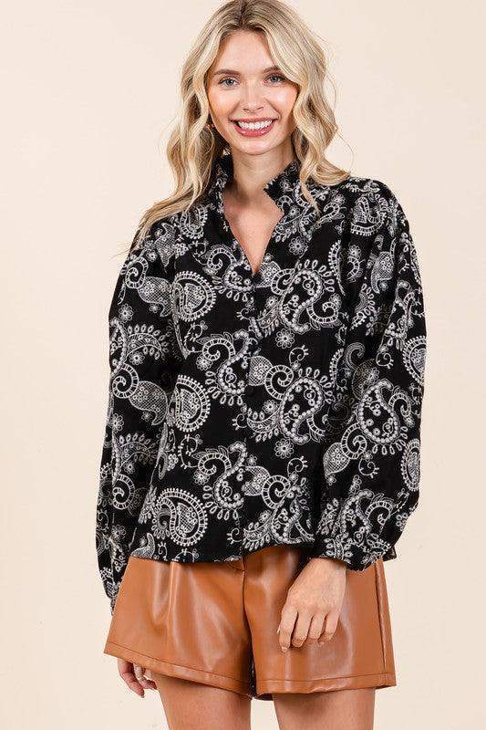 GeeGee Paisley Eyelet Laced Button-Up Blouse - SwagglyLife Home & Fashion