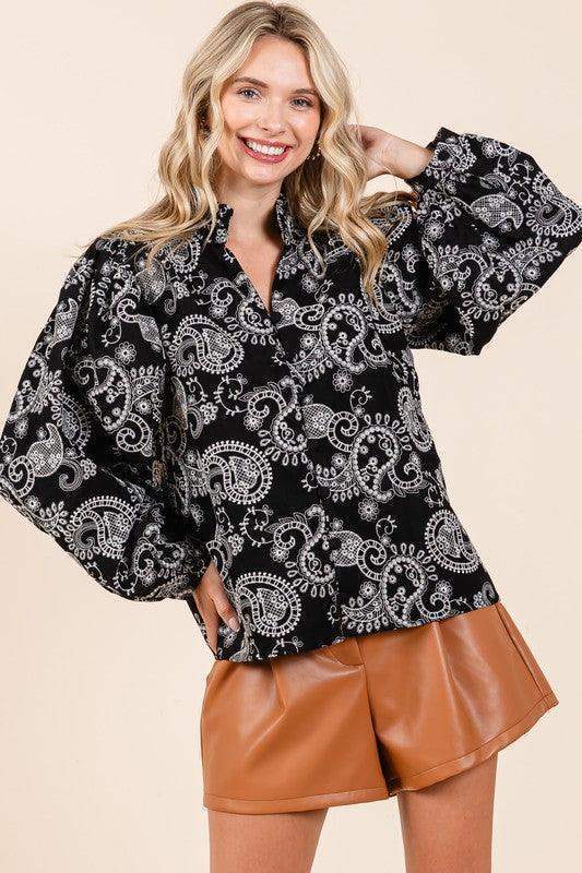 GeeGee Paisley Eyelet Laced Button-Up Blouse - SwagglyLife Home & Fashion