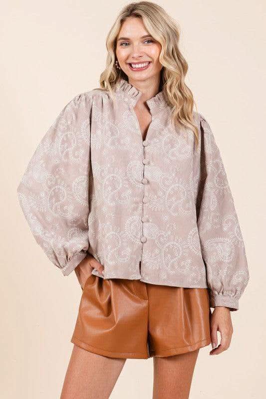 GeeGee Paisley Eyelet Laced Button-Up Blouse - SwagglyLife Home & Fashion