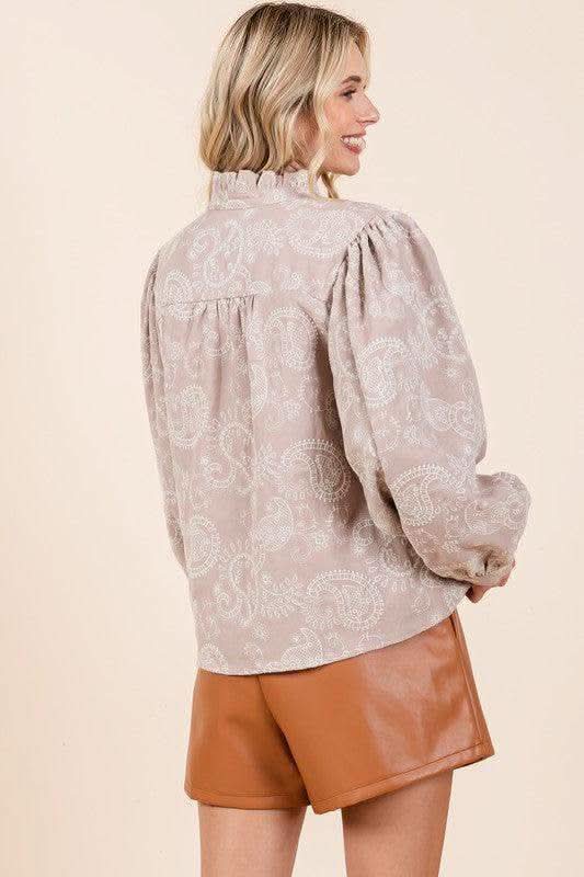 GeeGee Paisley Eyelet Laced Button-Up Blouse - SwagglyLife Home & Fashion