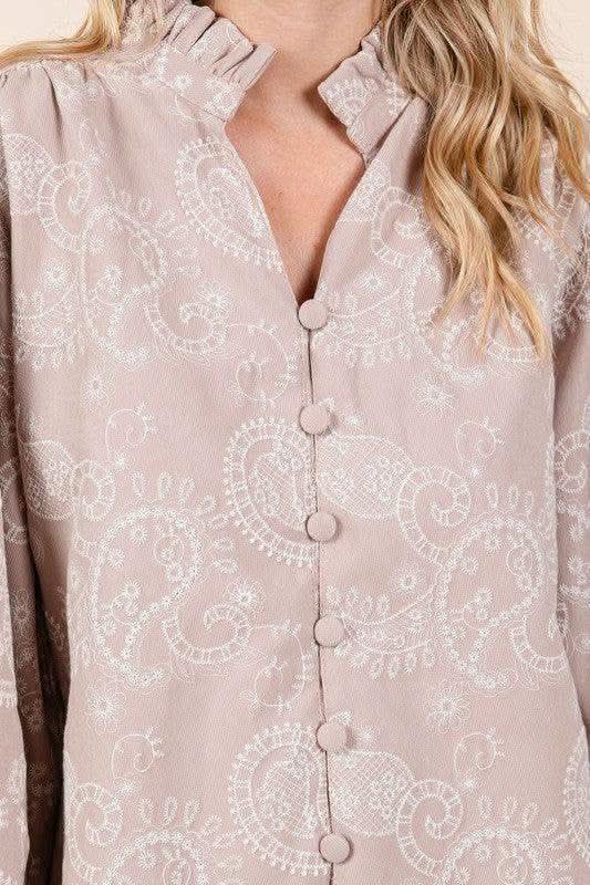 GeeGee Paisley Eyelet Laced Button-Up Blouse - SwagglyLife Home & Fashion