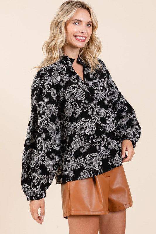 GeeGee Paisley Eyelet Laced Button-Up Blouse - SwagglyLife Home & Fashion