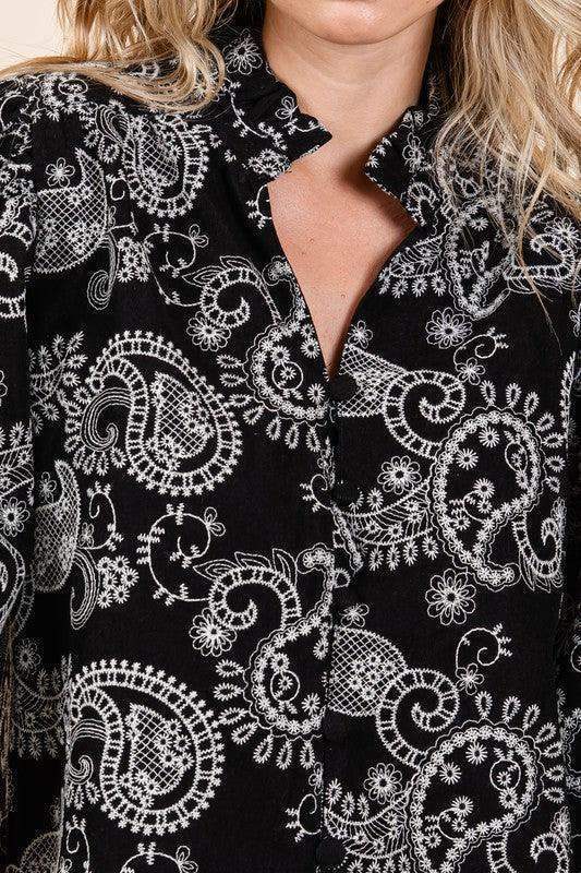 GeeGee Paisley Eyelet Laced Button-Up Blouse - SwagglyLife Home & Fashion