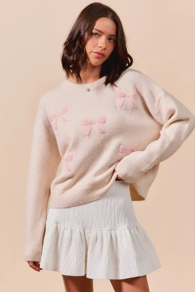 SO ME Embroidered Ribbon Round Neck Sweater - SwagglyLife Home & Fashion