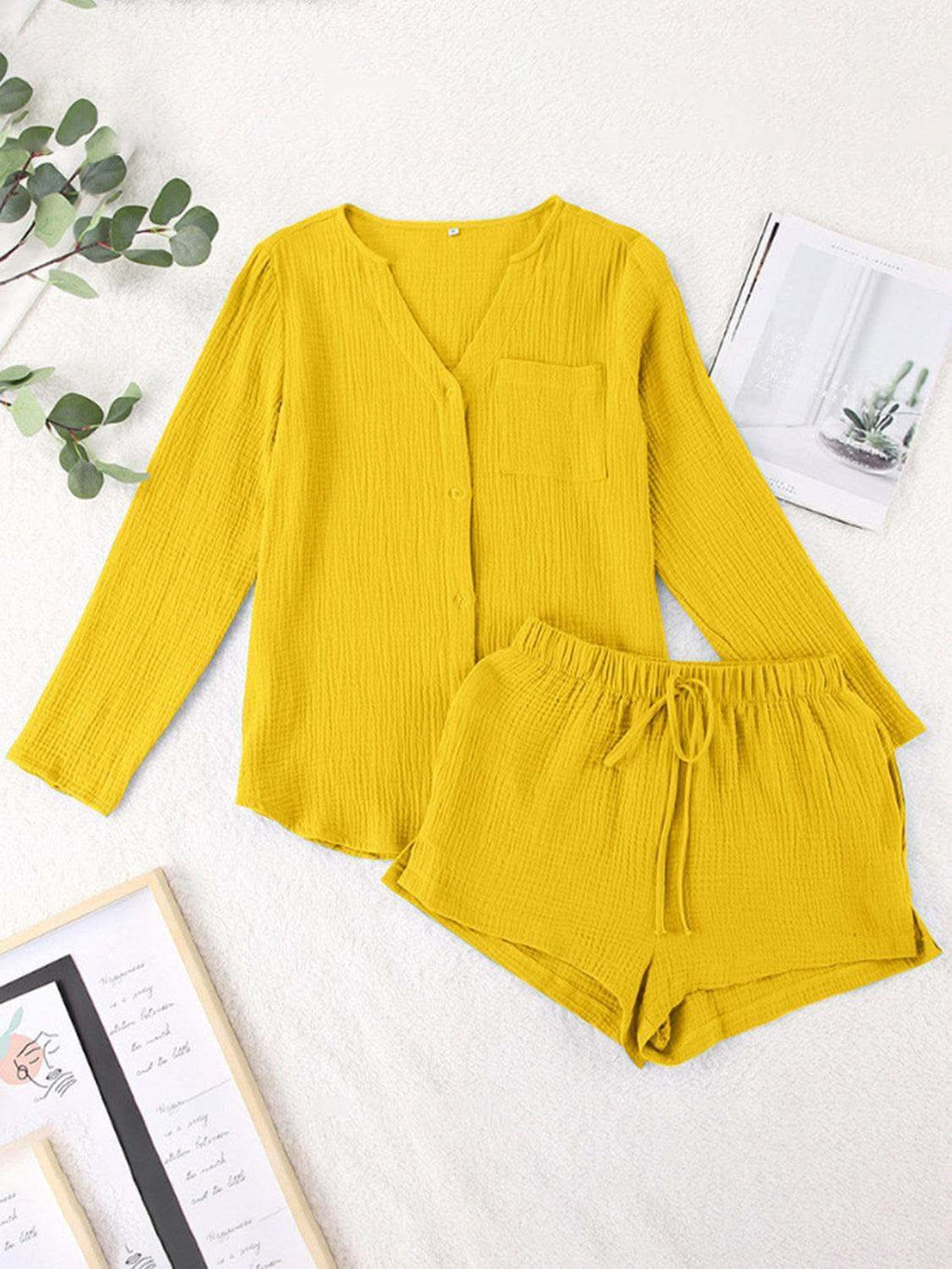 Notched Long Sleeve Top and Shorts Set - SwagglyLife Home & Fashion