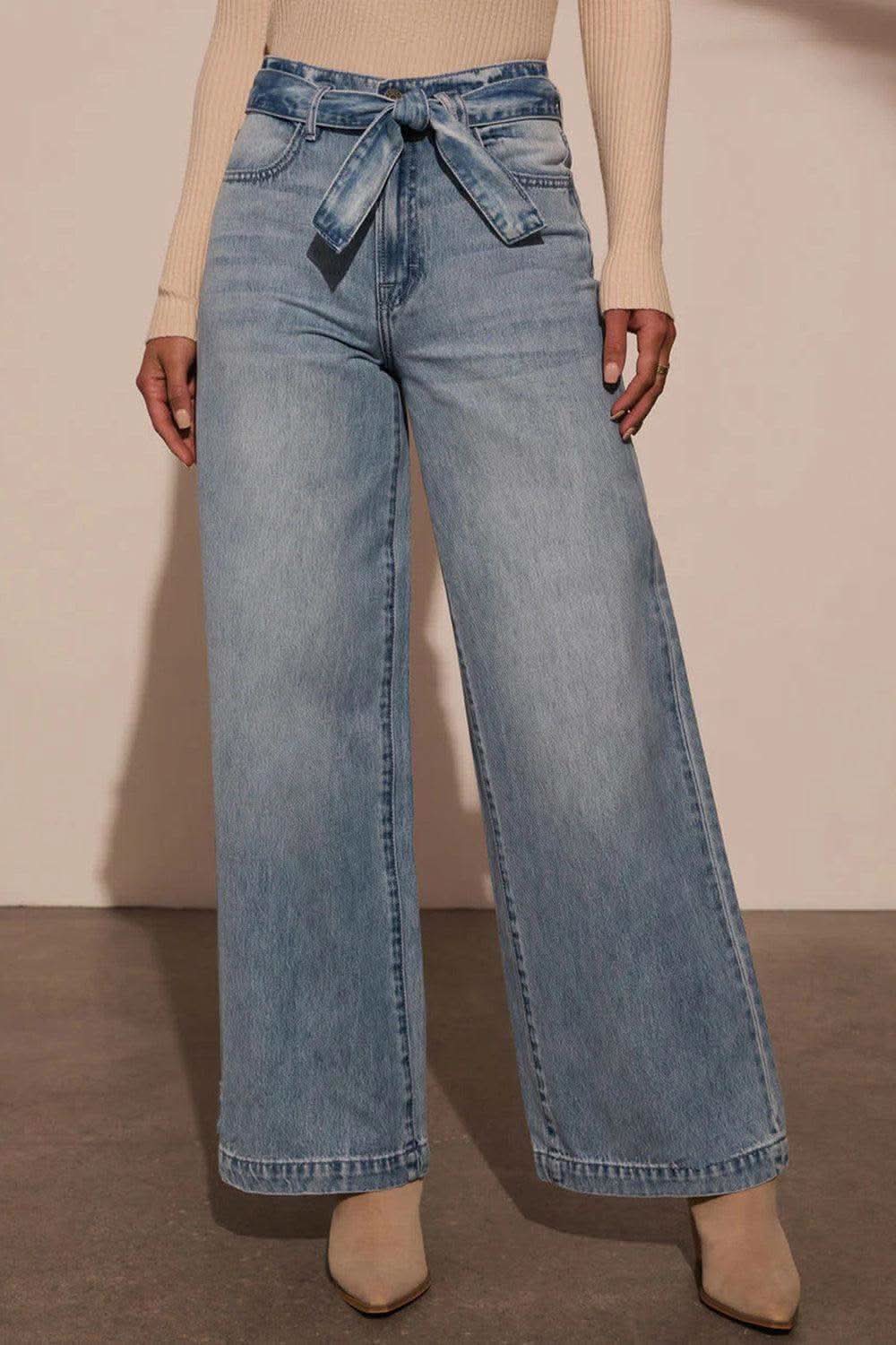 Tied Wide Leg Jeans with Pockets in Medium - Jeans photo