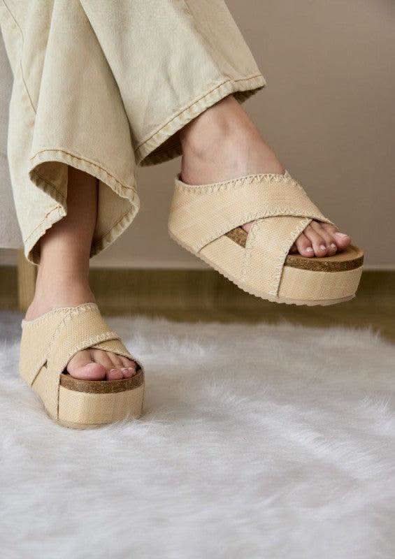 Nina Double Buckle Wedge Bands in Nude Raffia - photo