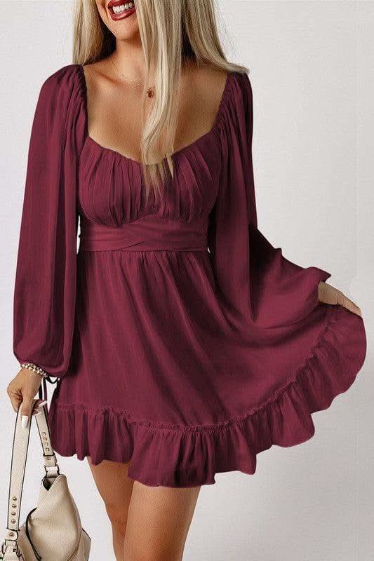 Ethereal Charm Ruffled High Waist Square Neck Mini Dress in Wine - Mini Dresses photo