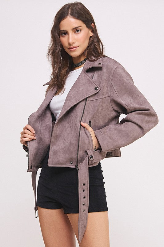 Belted Long Sleeve Zippered Suede Moto Jacket in GREY - photo