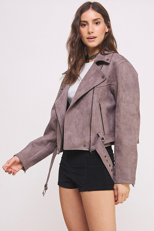 Belted Long Sleeve Zippered Suede Moto Jacket in - photo