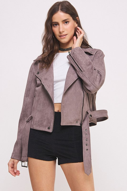 Belted Long Sleeve Zippered Suede Moto Jacket in - photo