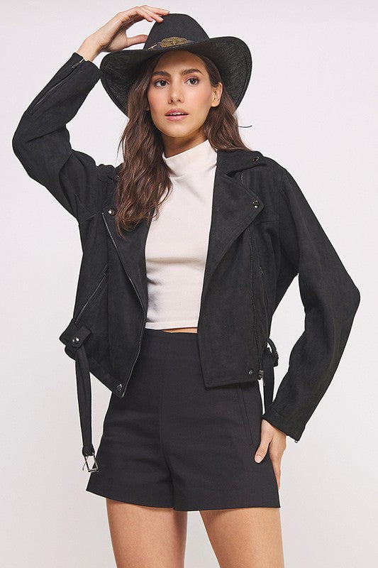 Belted Long Sleeve Zippered Suede Moto Jacket in - photo