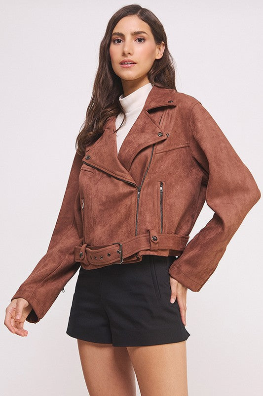 Belted Long Sleeve Zippered Suede Moto Jacket in - photo