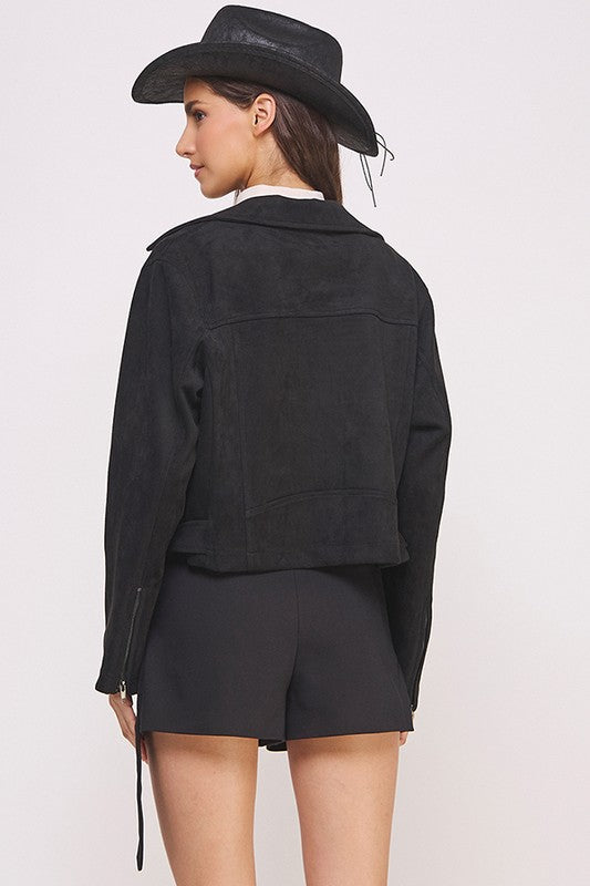 Belted Long Sleeve Zippered Suede Moto Jacket in - photo