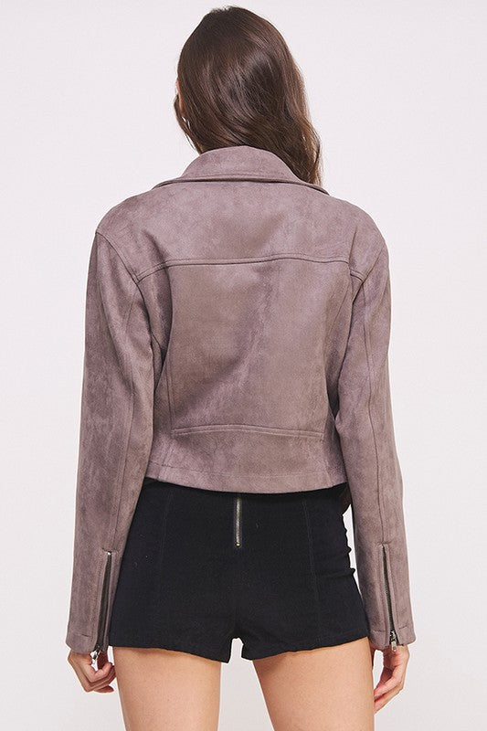 Belted Long Sleeve Zippered Suede Moto Jacket in - photo
