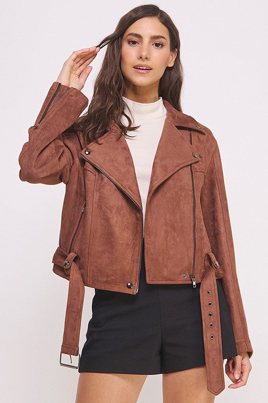 Belted Long Sleeve Zippered Suede Moto Jacket in - photo