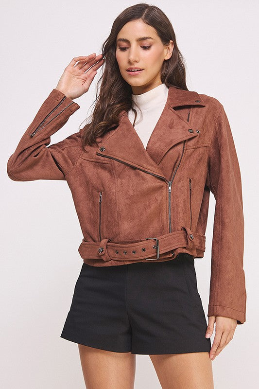 Belted Long Sleeve Zippered Suede Moto Jacket in CHOCOLATE - photo