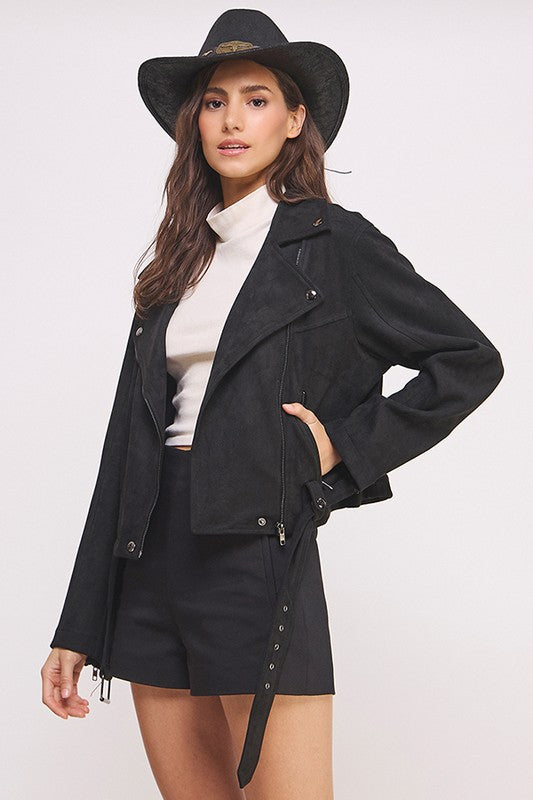 Belted Long Sleeve Zippered Suede Moto Jacket in BLACK - photo