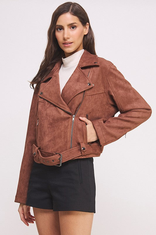 Belted Long Sleeve Zippered Suede Moto Jacket in - photo