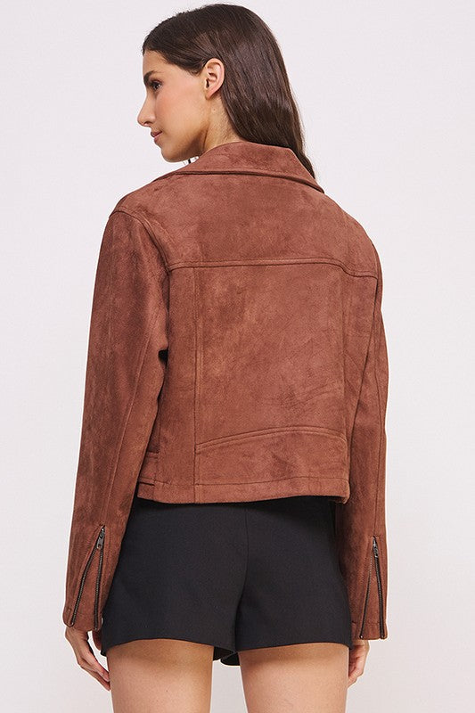 Belted Long Sleeve Zippered Suede Moto Jacket in - photo