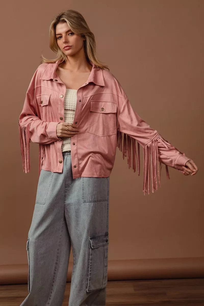 BiBi Suede Fringe Long Sleeve Jacket in - photo