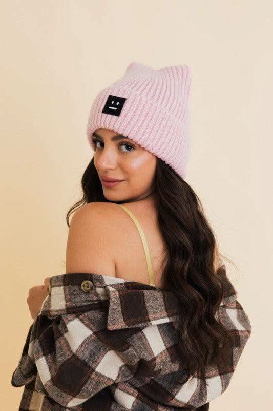 Chill Vibes Soft Ribbed Squared Face Beanie in Pink OS - photo