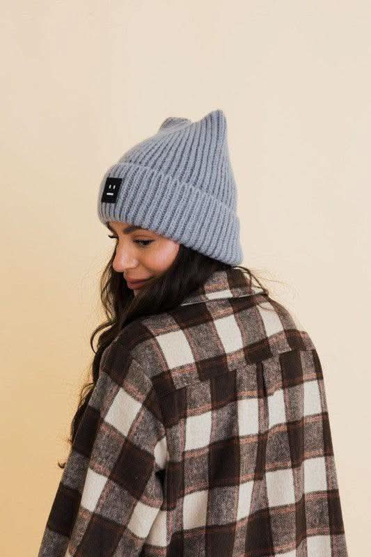Chill Vibes Soft Ribbed Squared Face Beanie in Gray OS - photo