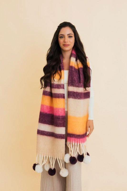 Contrast Color Stripes Chunky Pom Tassel Scarf in Purple OS - Scarves & Shawls photo