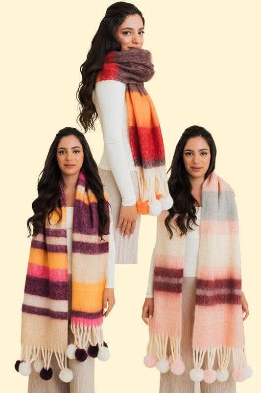 Contrast Color Stripes Chunky Pom Tassel Scarf in - Scarves & Shawls photo