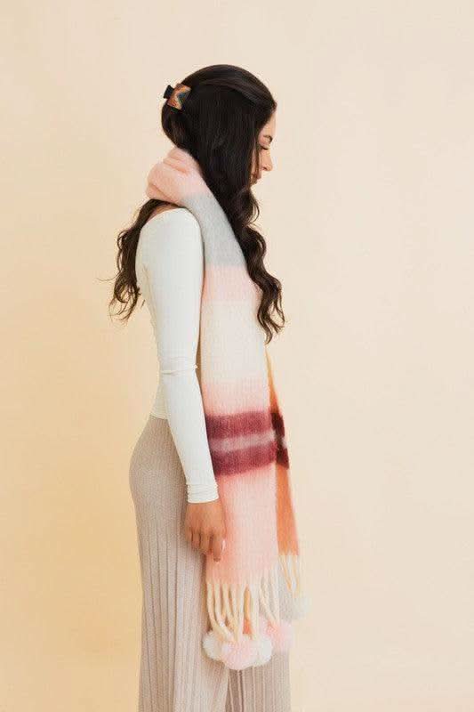 Contrast Color Stripes Chunky Pom Tassel Scarf in - Scarves & Shawls photo