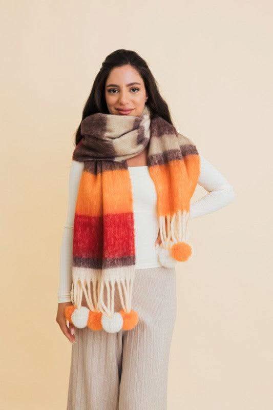 Contrast Color Stripes Chunky Pom Tassel Scarf in Orange OS - Scarves & Shawls photo