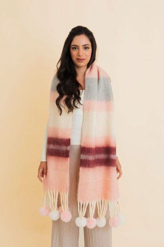 Contrast Color Stripes Chunky Pom Tassel Scarf in Blush OS - Scarves & Shawls photo