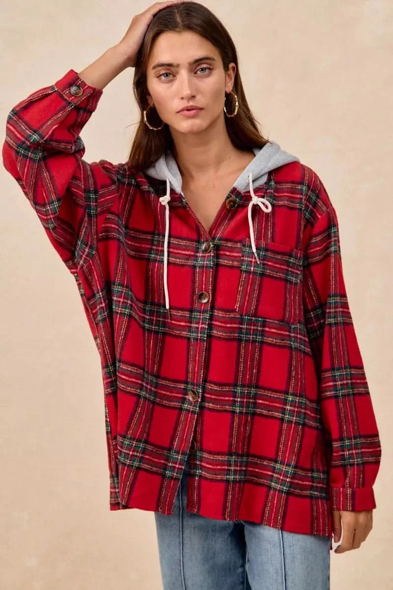 BiBi Brushed Plaid Hooded Jacket in - photo