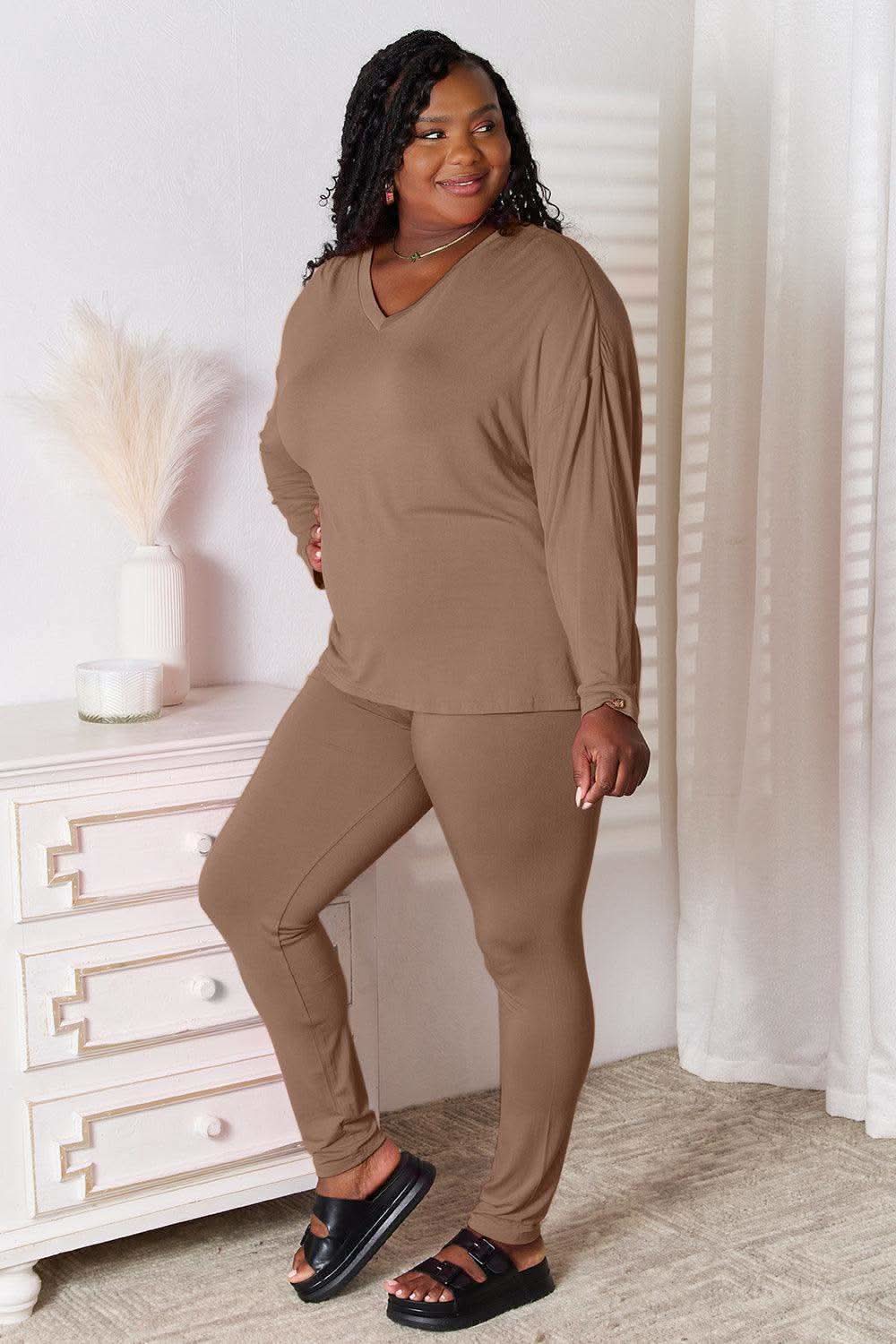 Basic Bae Full Size V-Neck Soft Rayon Long Sleeve Top and Pants Lounge Set in - Loungewear photo