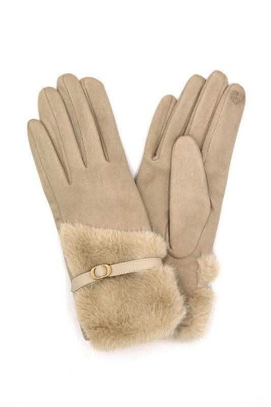 Faux Fur Ultra Suede Fashion Gloves in Beige O S - Gloves & Mittens photo