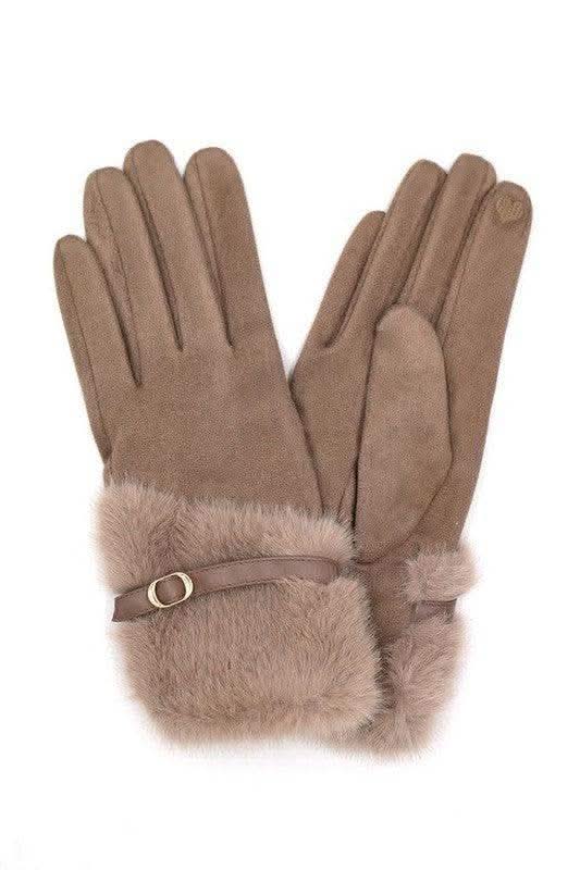 Faux Fur Ultra Suede Fashion Gloves in Taupe O S - Gloves & Mittens photo