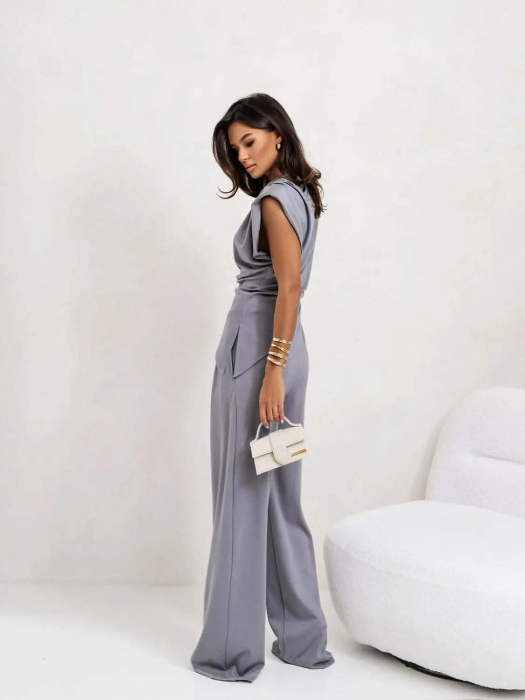 Slit Ruched Top and Wide Leg Pants Set in - photo