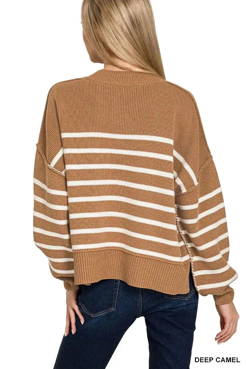 Zenana Exposed Seam Striped Oversized Sweater - SwagglyLife Home & Fashion Zenana Exposed Seam Striped Oversized Sweater - SwagglyLife Home & Fashion