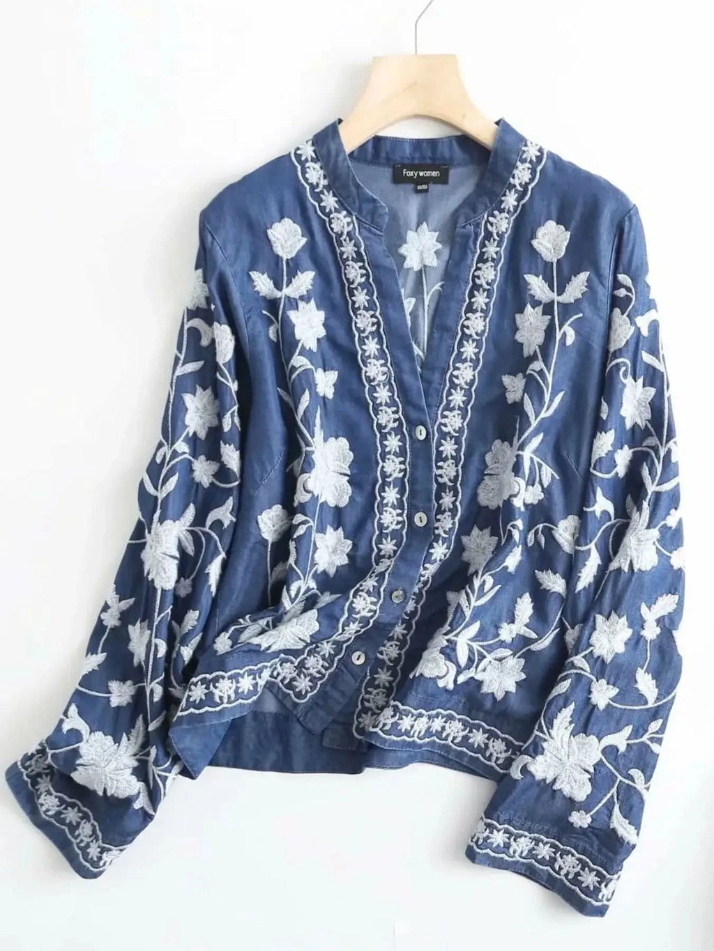 Floral Embroidered Button Up Denim Shirt - SwagglyLife Home & Fashion