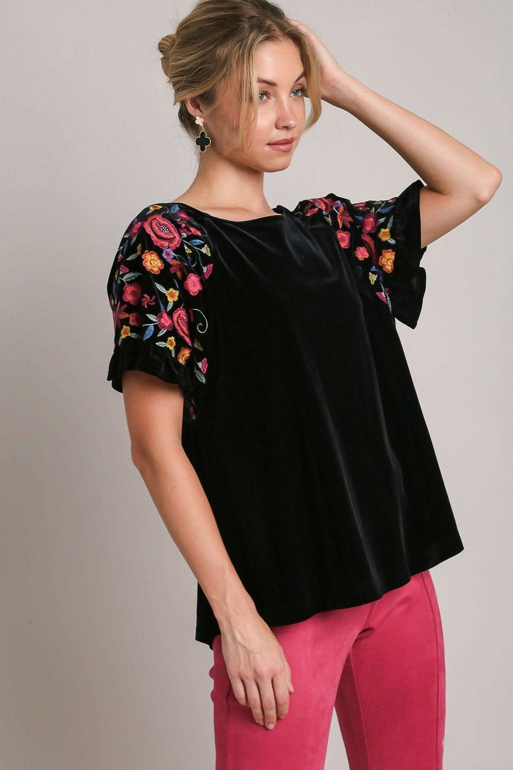 Umgee Full Size Velvet Embroidery Short Sleeve Blouse - SwagglyLife Home & Fashion