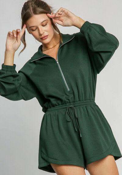 Drawstring Half Zip Long Sleeve Romper - SwagglyLife Home & Fashion Drawstring Half Zip Long Sleeve Romper - SwagglyLife Home & Fashion