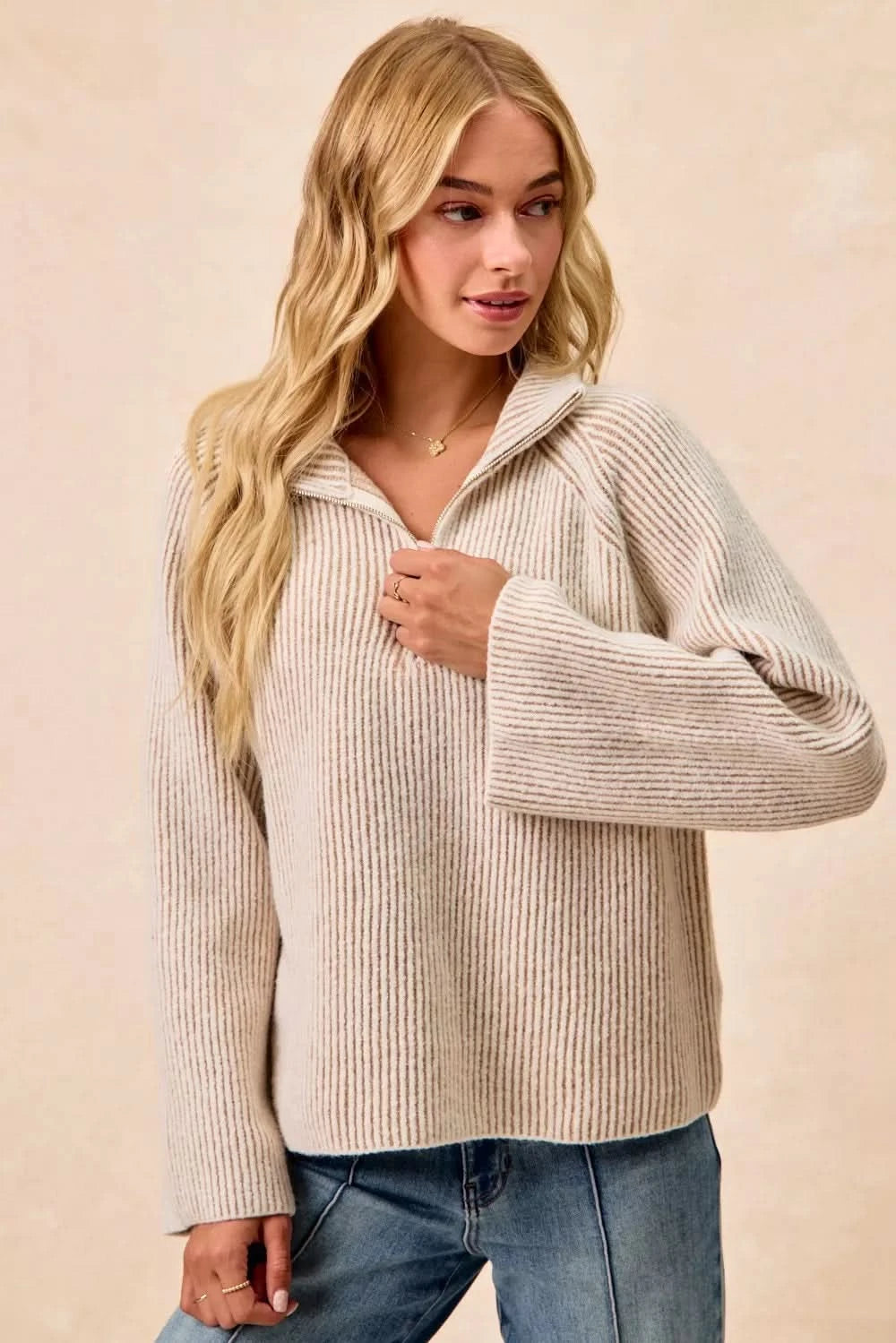 BiBi Two Tone Rib Texured Knit Collared Top with Zip Up in - photo