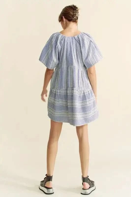 Davi & Dani Embroidered Stripe Ruffled Gingham Mini Dress in - photo