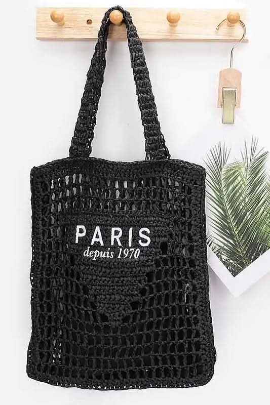 Paris Open Crochet Straw Summer Tote in Black O S - photo