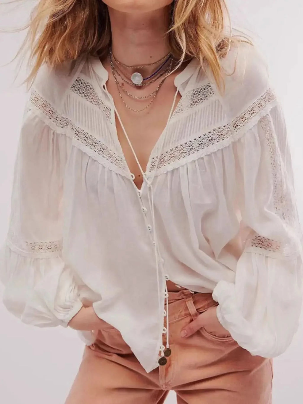 Lace Trim Balloon Sleeve Blouse - SwagglyLife Home & Fashion