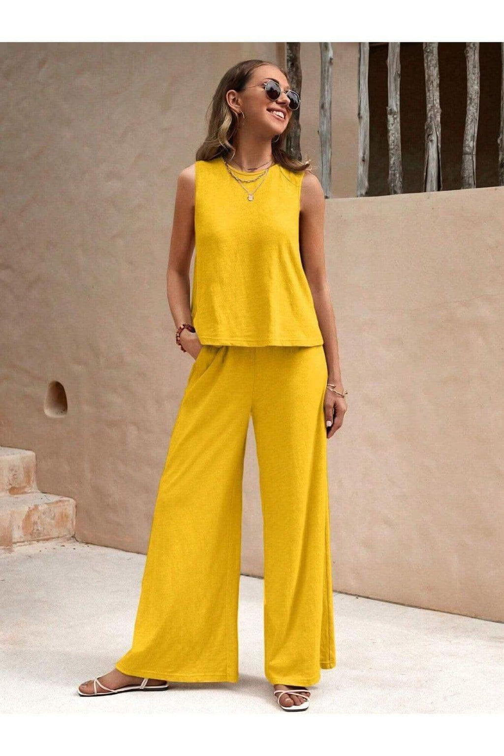 Round Neck Sleeveless Top and Wide Leg Pants Set - SwagglyLife Home & Fashion