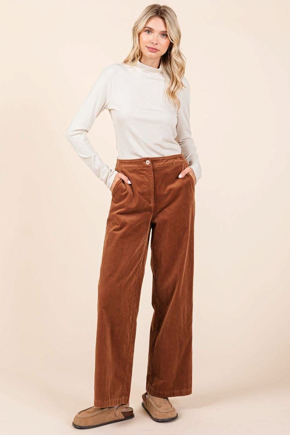Mittoshop Corduroy Back Elastic Waist Pants - SwagglyLife Home & Fashion