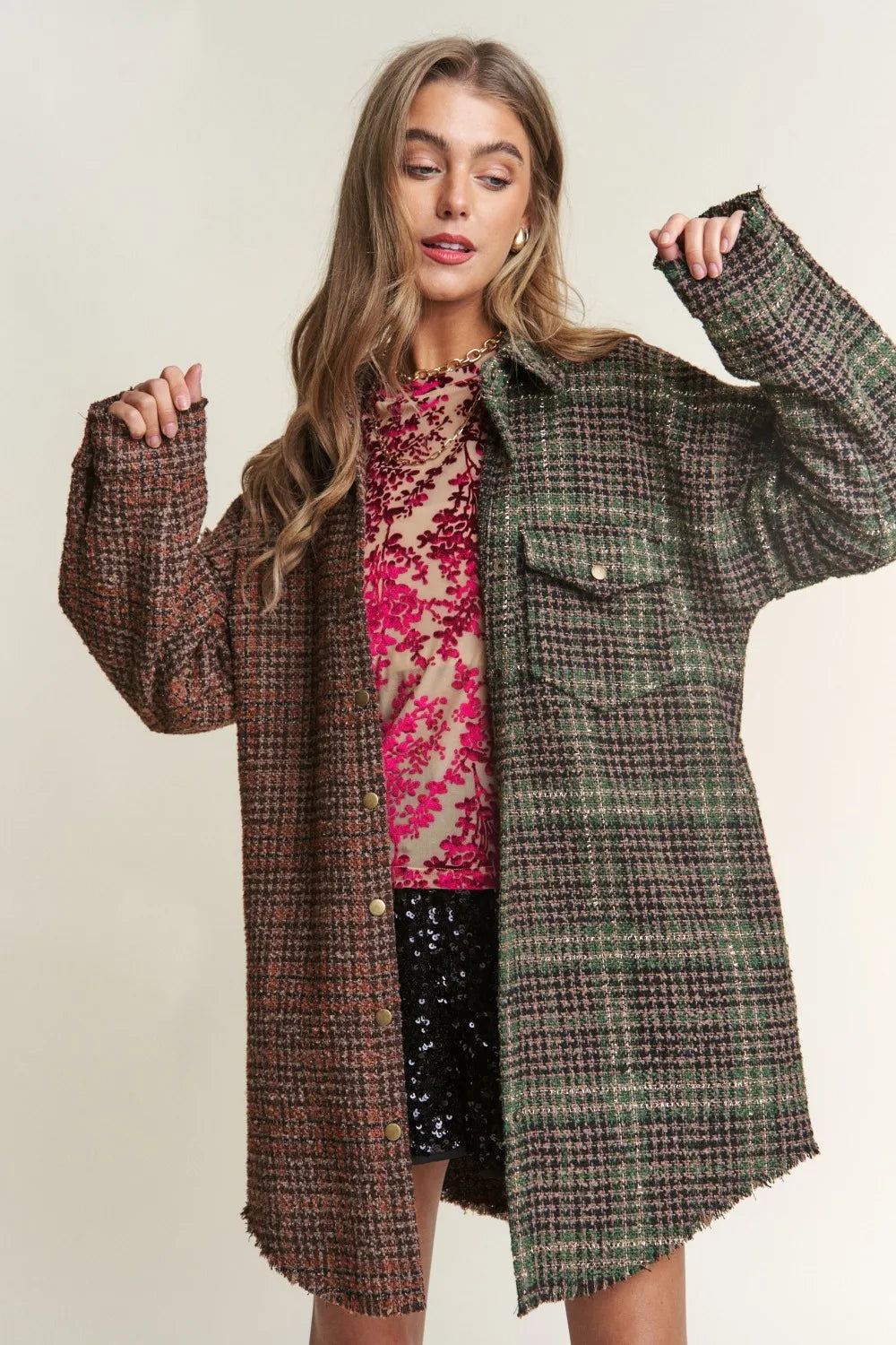 J.NNA Snap Down Tweed Plaid Contrast Longline Shacket in Misty Forest - photo