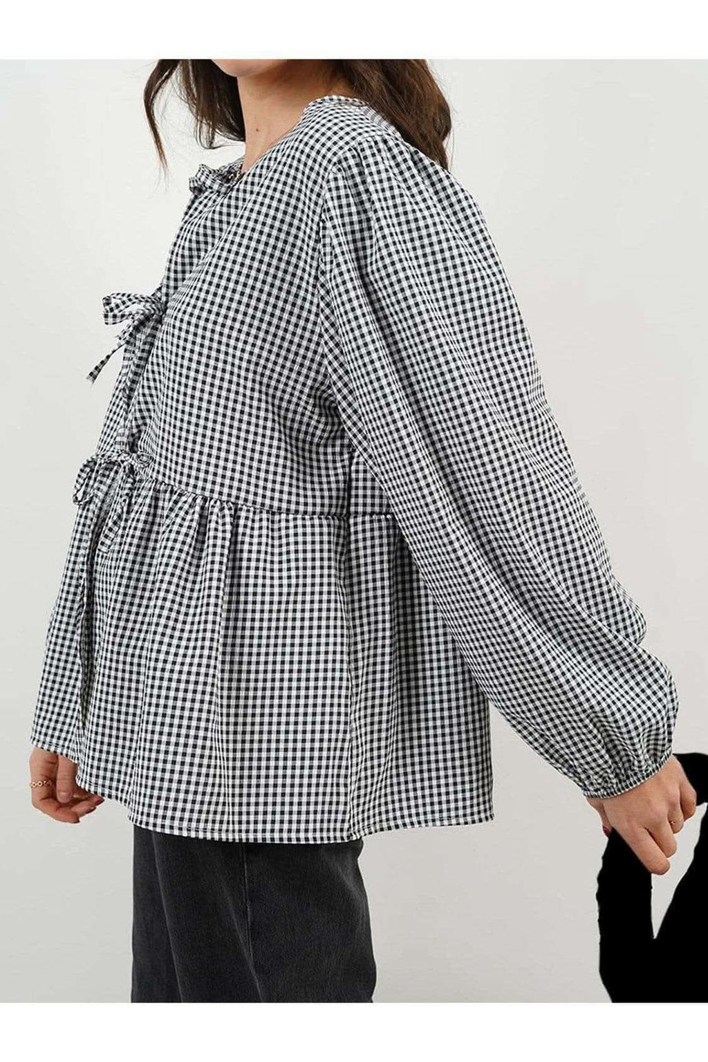 Susan Tied Round Neck Long Sleeve Blouse - SwagglyLife Home & Fashion